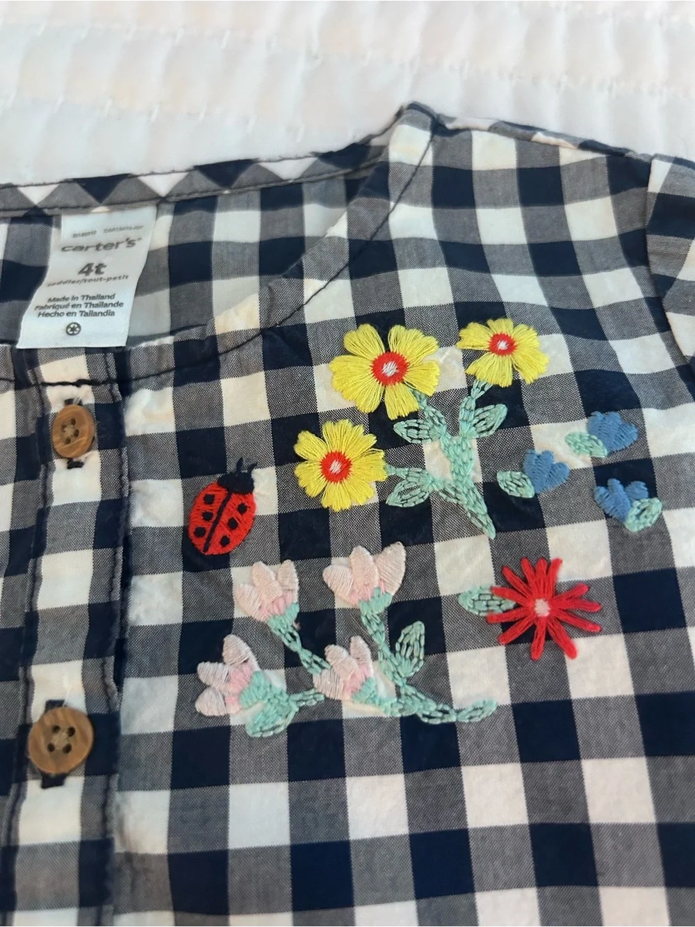 Carter's Navy and White Gingham Dress with Floral Embroidery. Size 4T